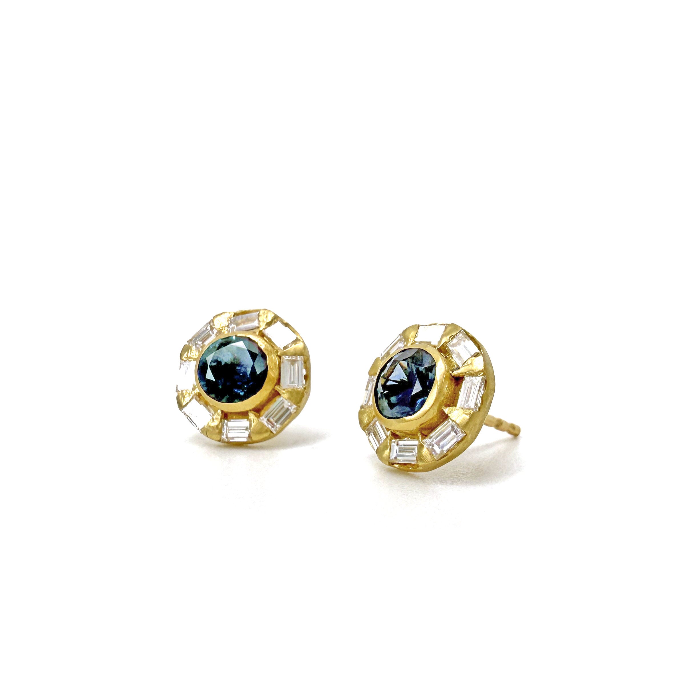 Montana Sapphire & Baguette Diamond Halo Earrings