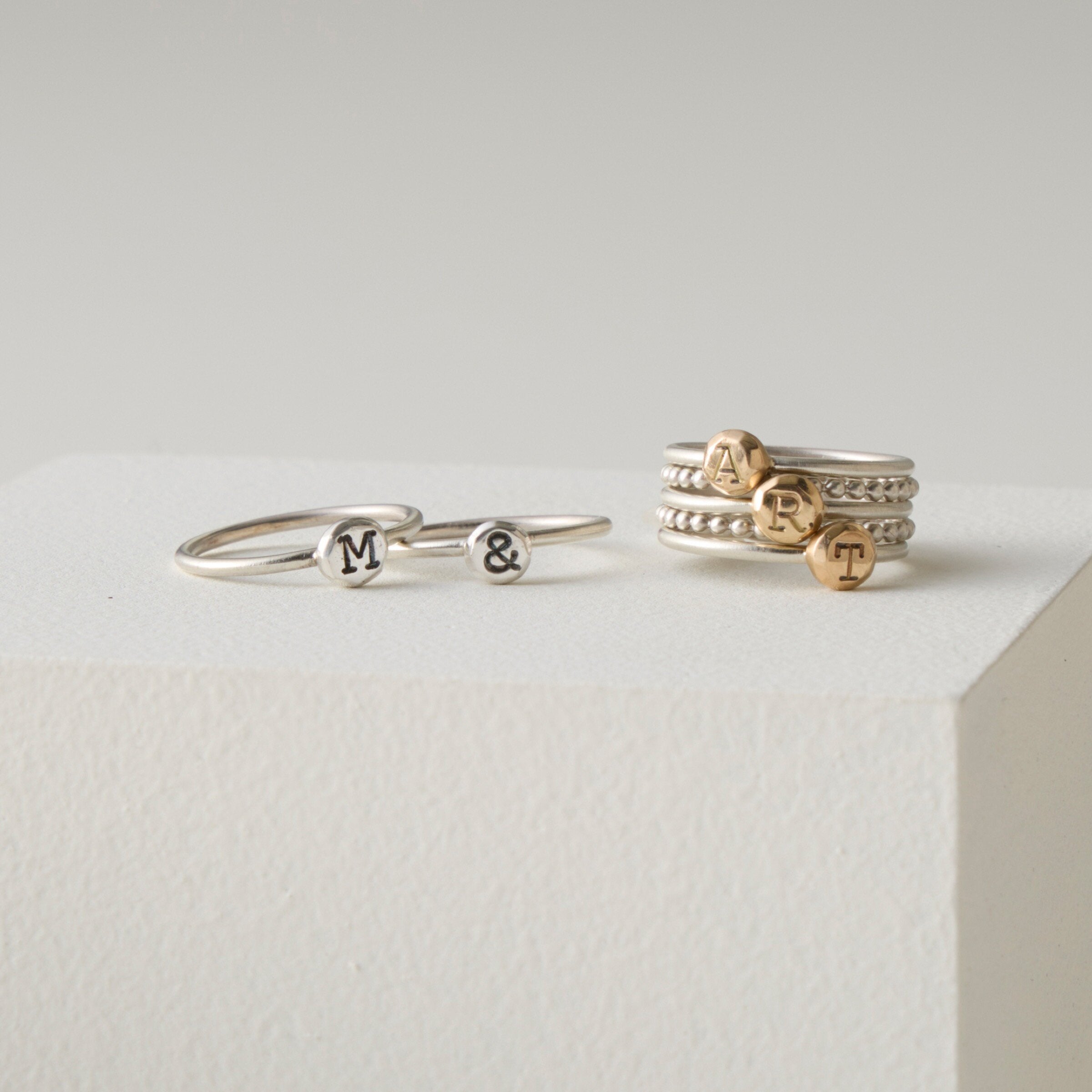 Bright Silver (left) and 14k Gold with Dotted Spacer Rings (right)