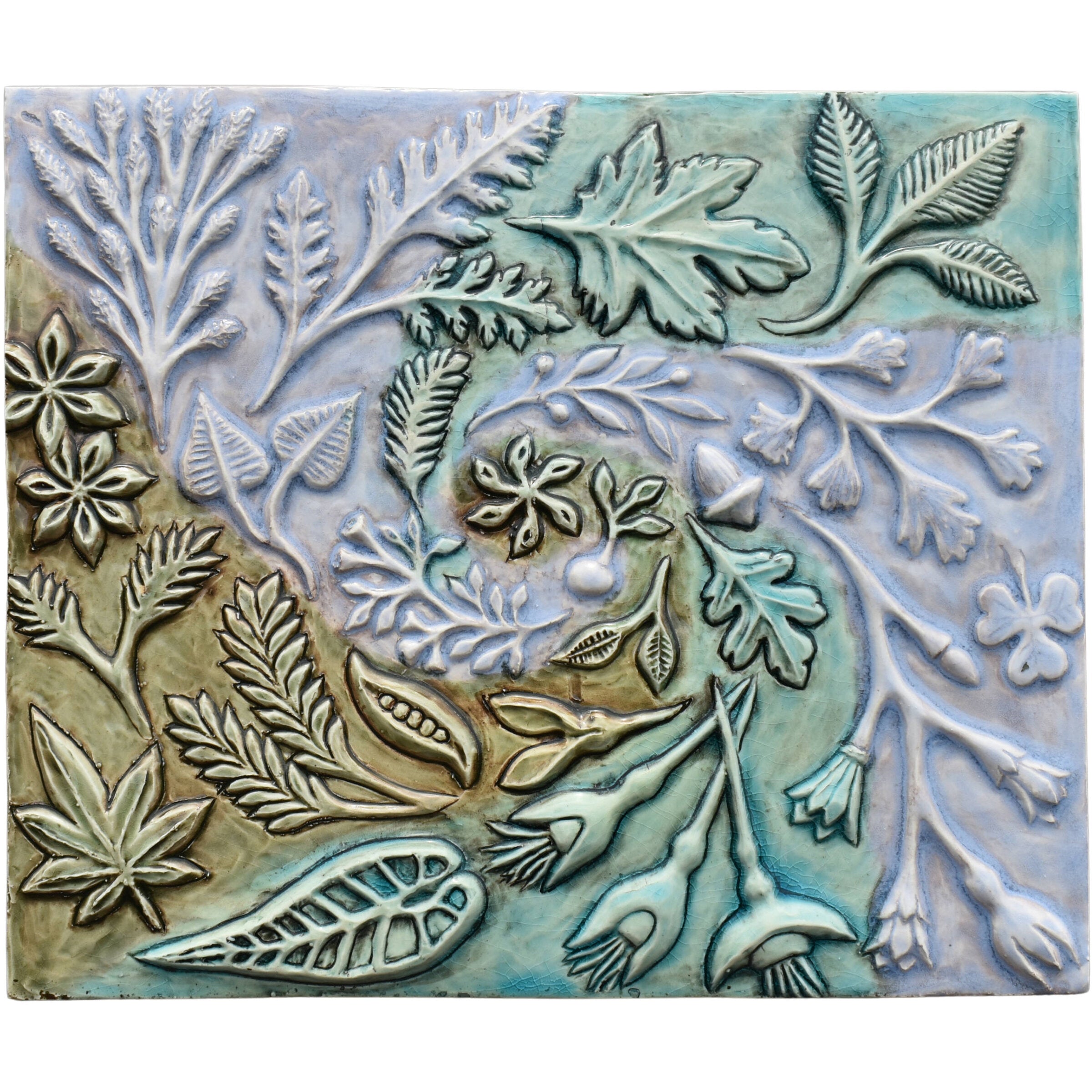 Spiral of Leaves Ceramic Wall Sculpture in Green Blue Glaze Swirl