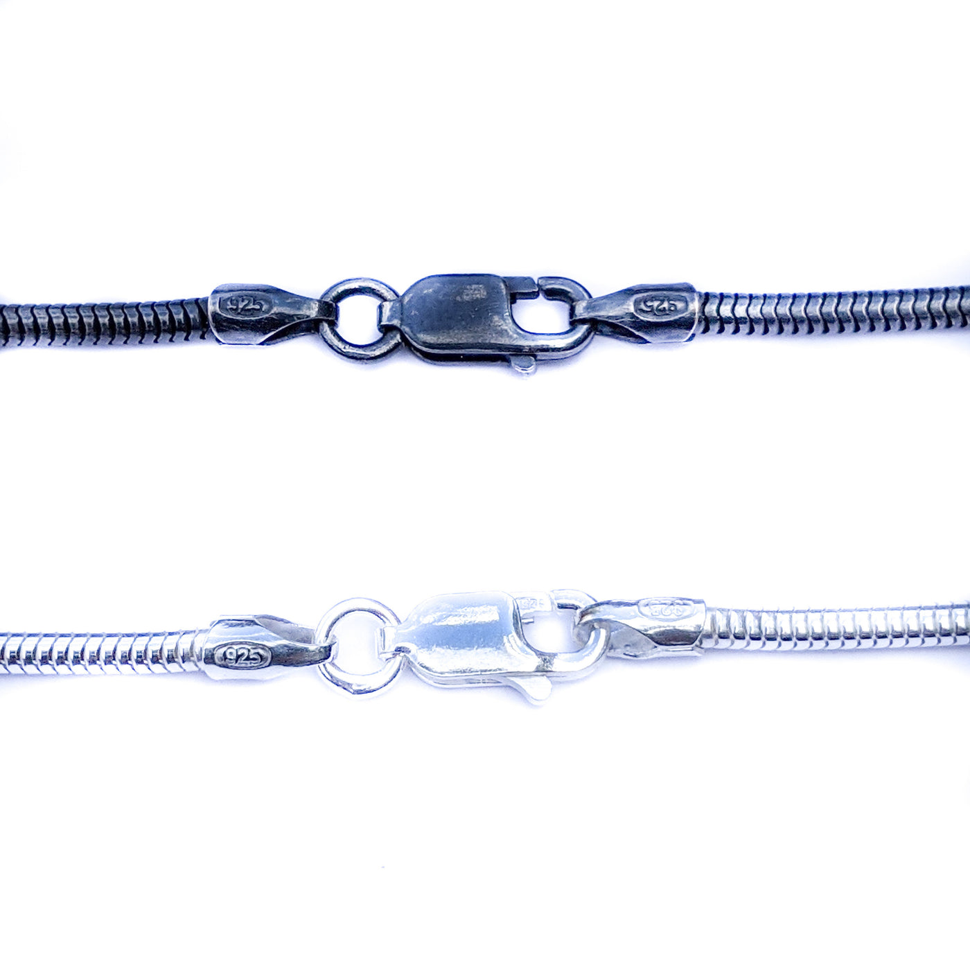 oxidized chain on top, bright silver chain on bottom