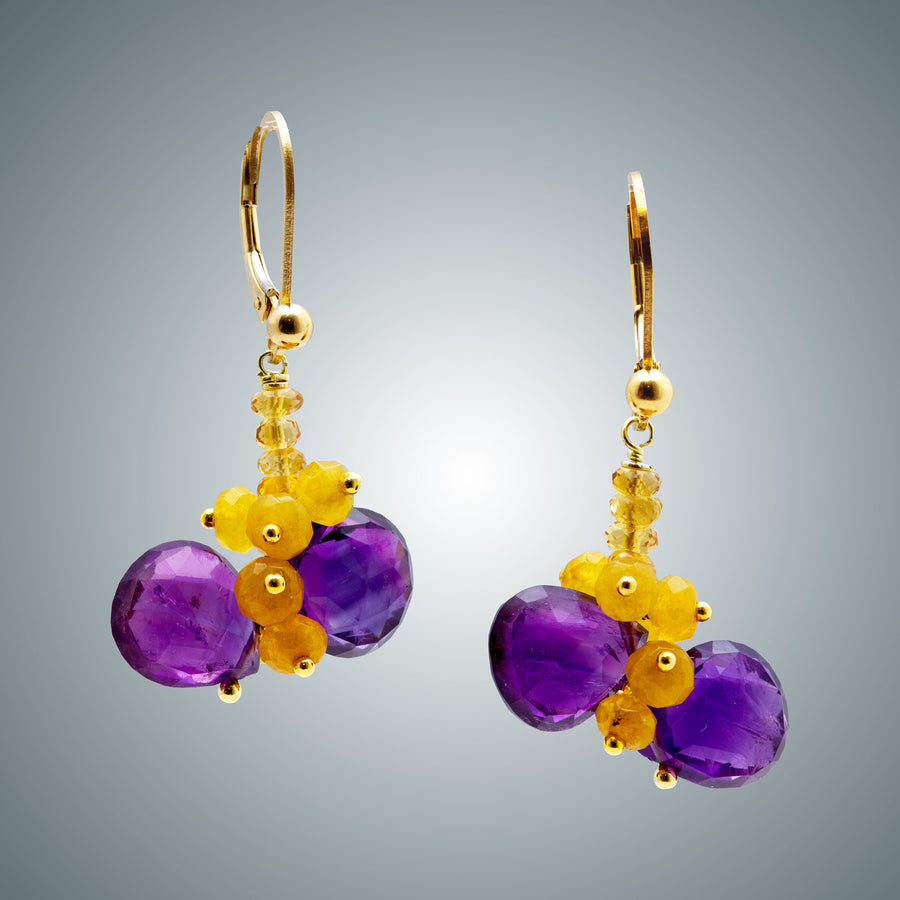 Amethyst, Yellow Jade, and  Gold Citrine Earrings