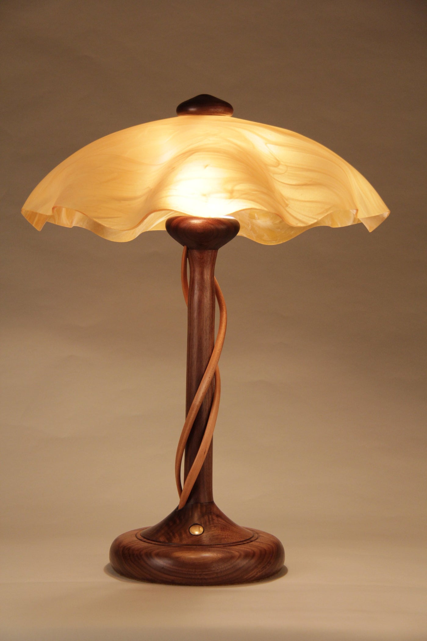 Walnut Table Lamp with Cherry Tendrils ,Light Amber Matte Shade 