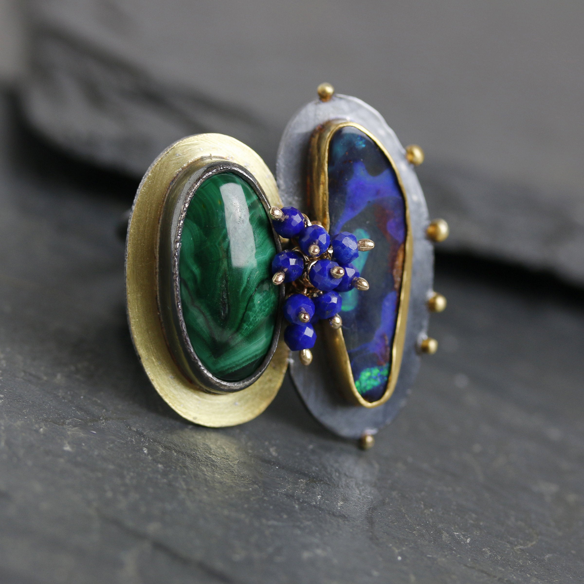 Boulder Opal and Malachite Ring