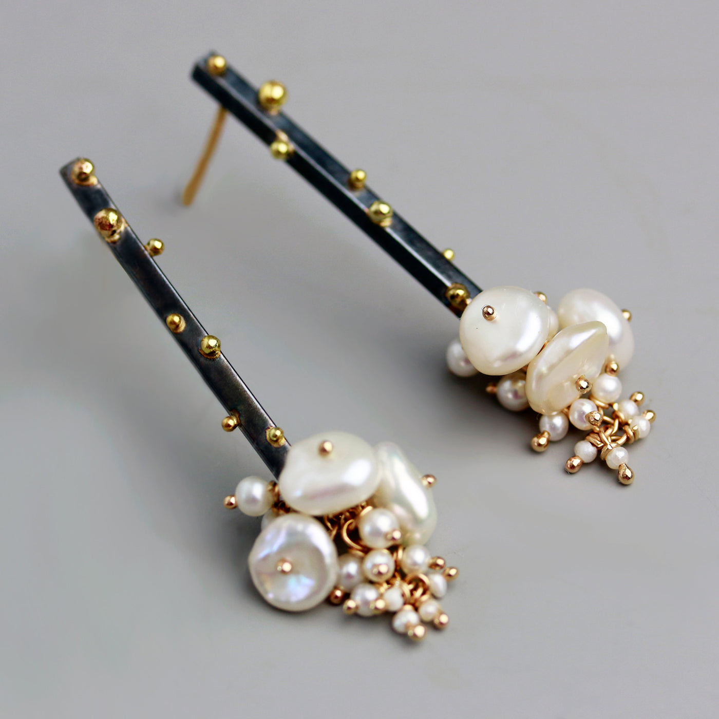 Pearl Gold-Dotted Stick Earrings
