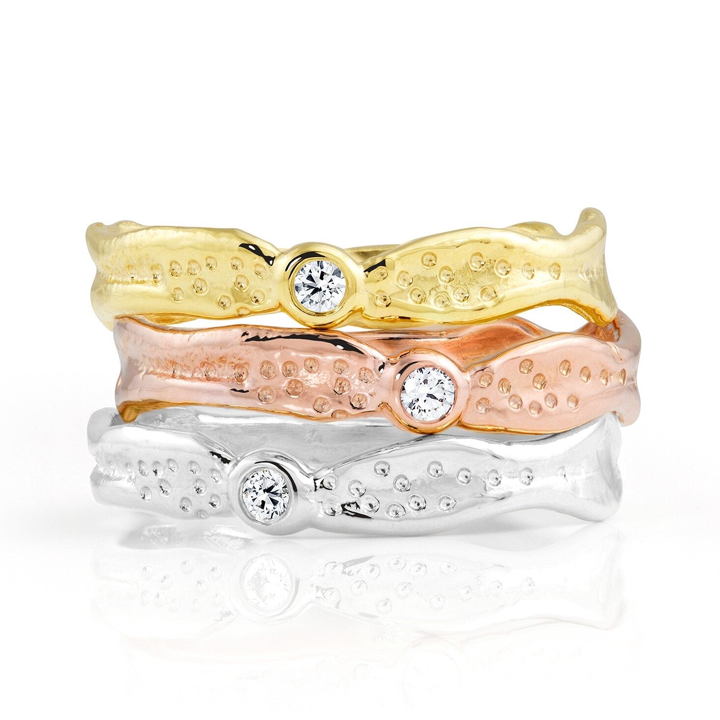 top to bottom: 18k yellow gold, 18k rose gold, platinum
