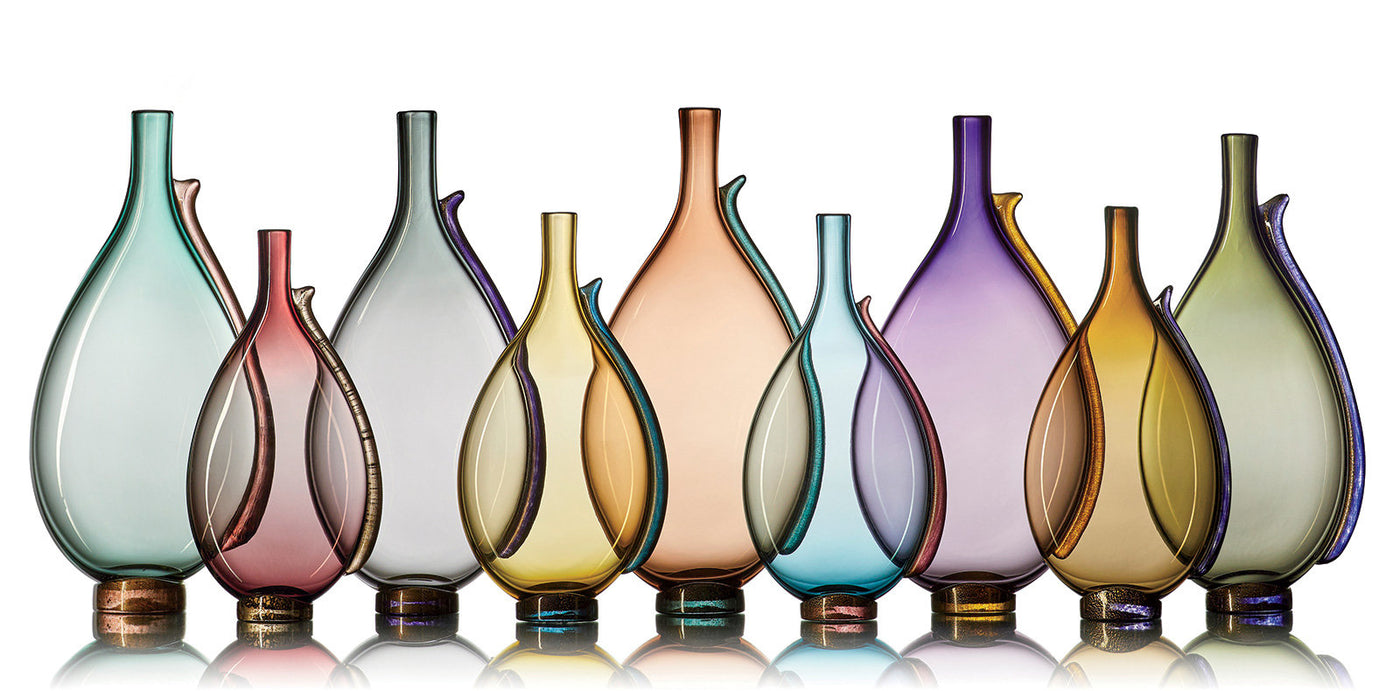left to right: tall tourmaline, short aubergine, tall gray, short straw, tall tea, short mist, tall indigo, short smoky topaz, tall sage