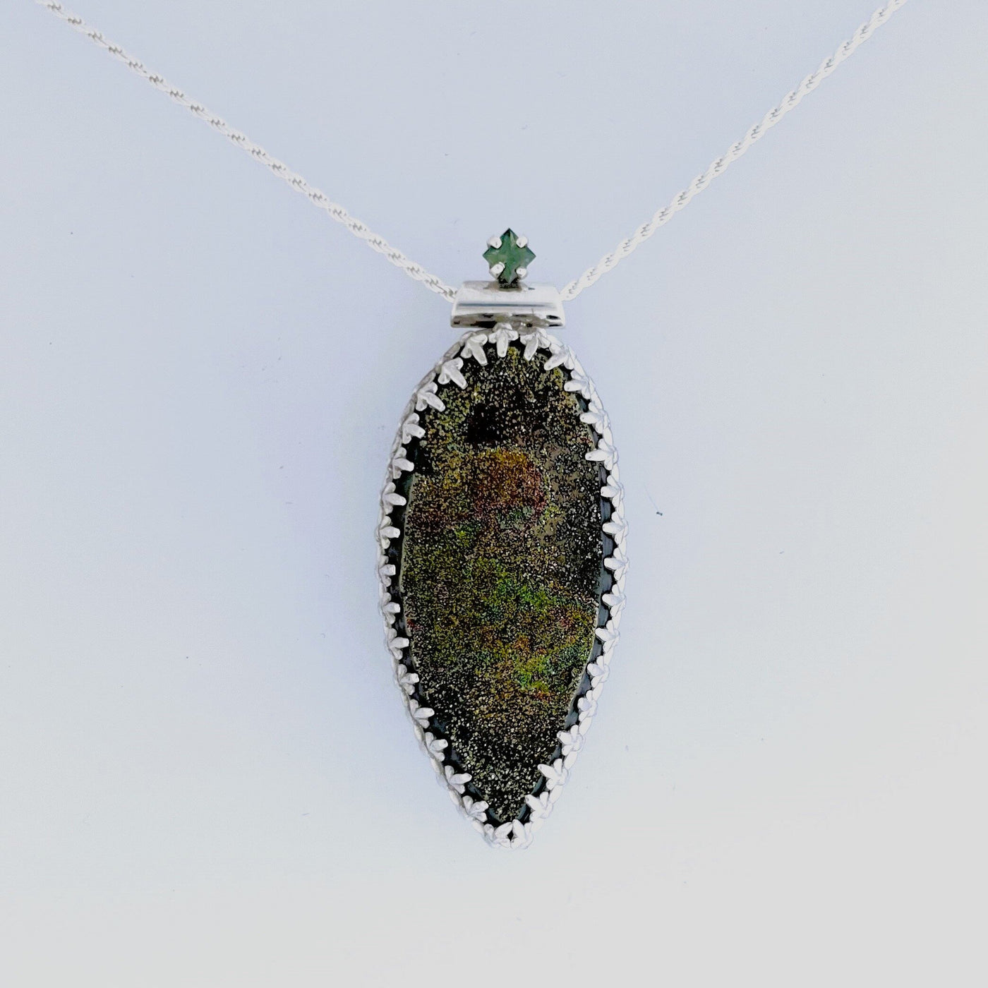 Iridescent Marcasite Drusy & Green Sapphire Crown Pendant