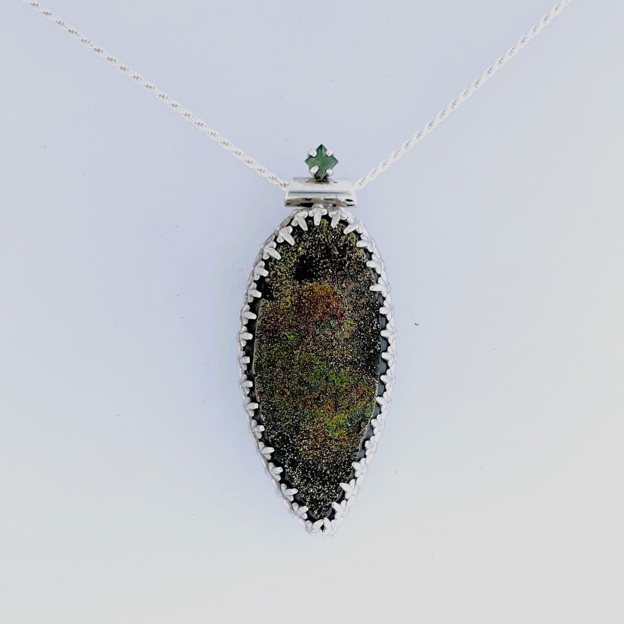 Iridescent Marcasite Drusy & Green Sapphire Crown Pendant