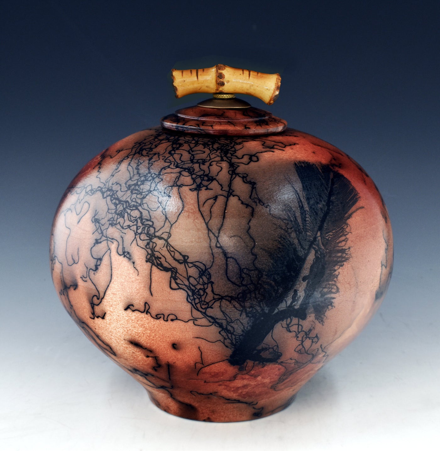 Horsehair Raku Urn with Bamboo Handle