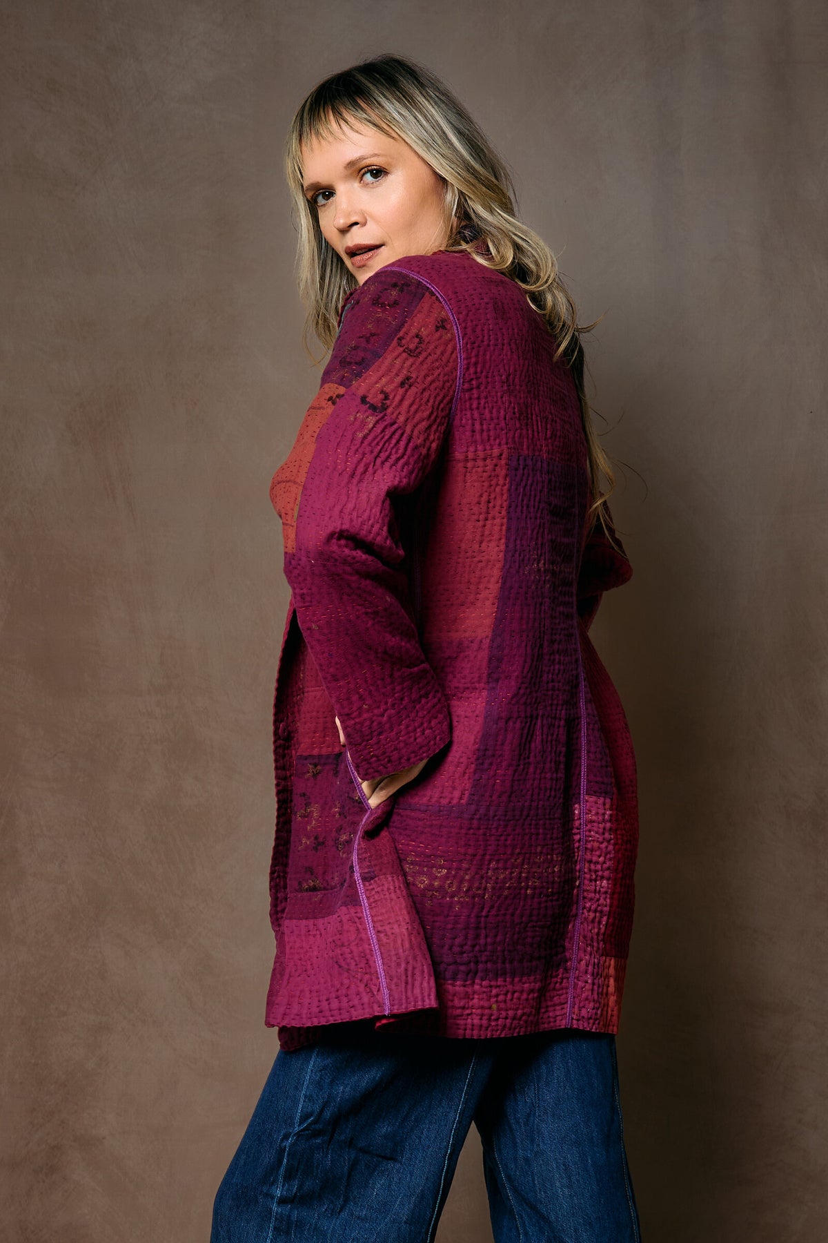 Ombre Patched Gold Stamp Kantha Long Jacket