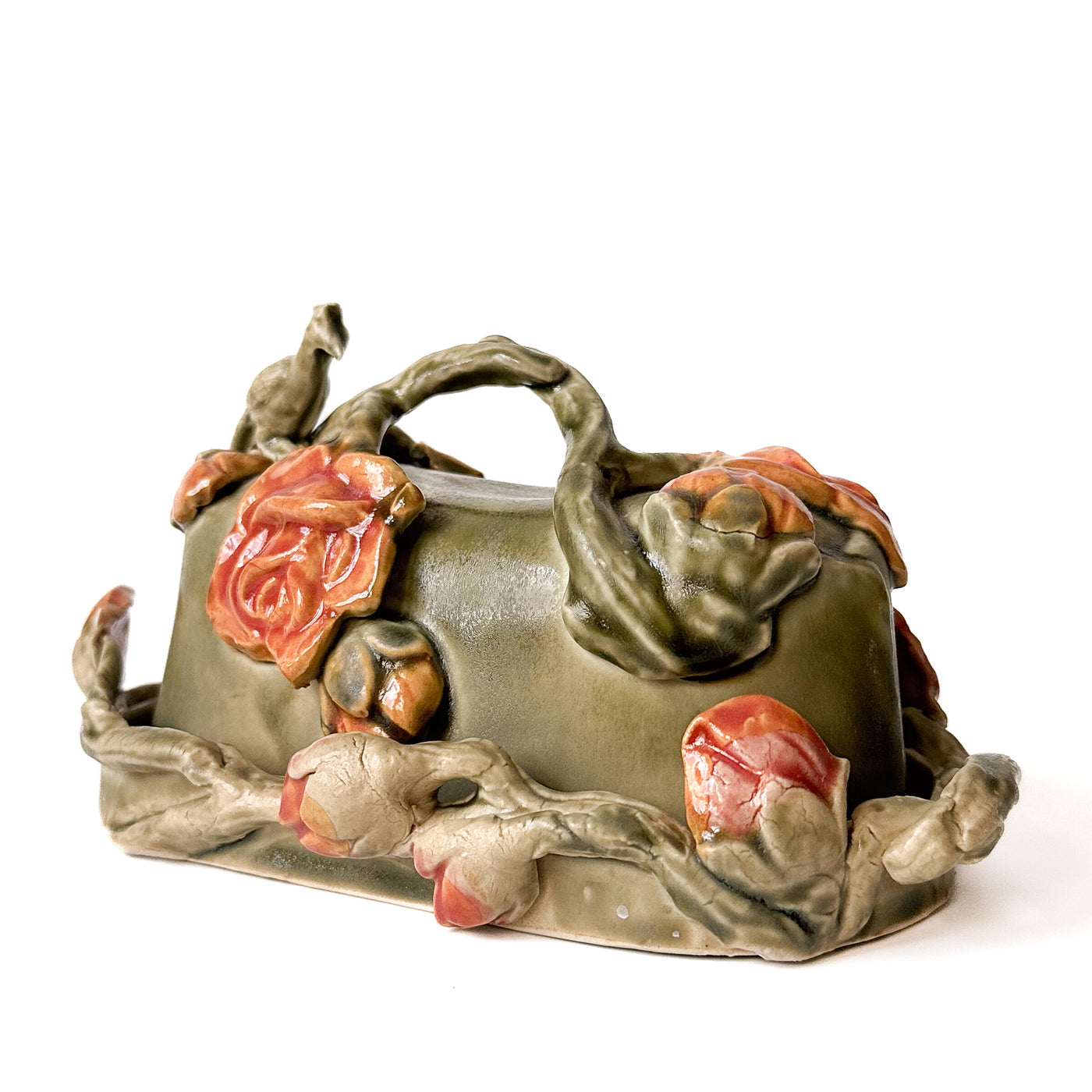 Peacock and Roses Butter Dish in Sage