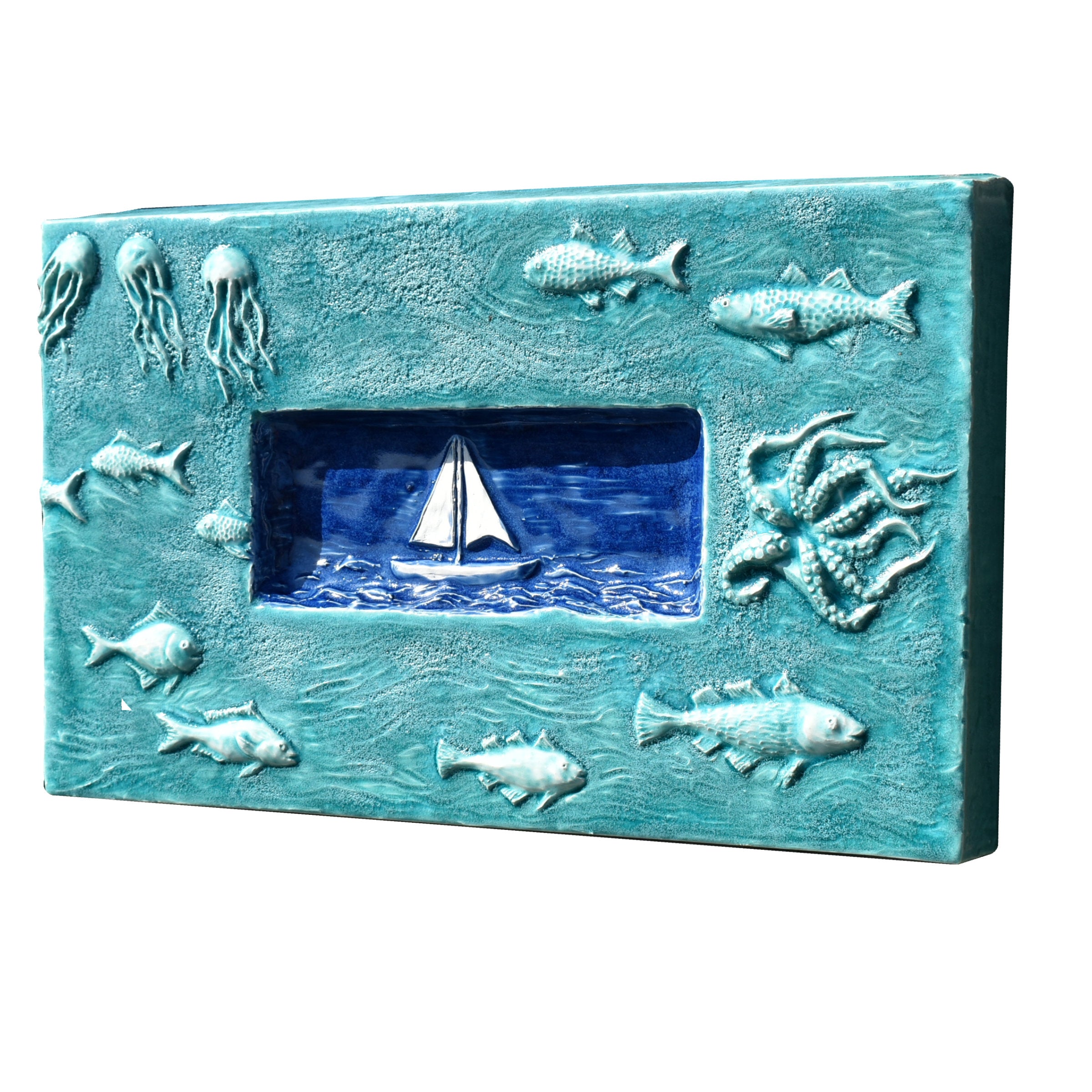 Sail Boat Marine Tile in Seafoam & Sapphire Blue
