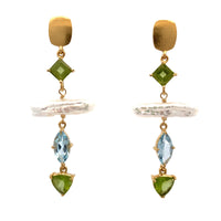 Peridot, Blue Topaz & Stick Pearl Earrings