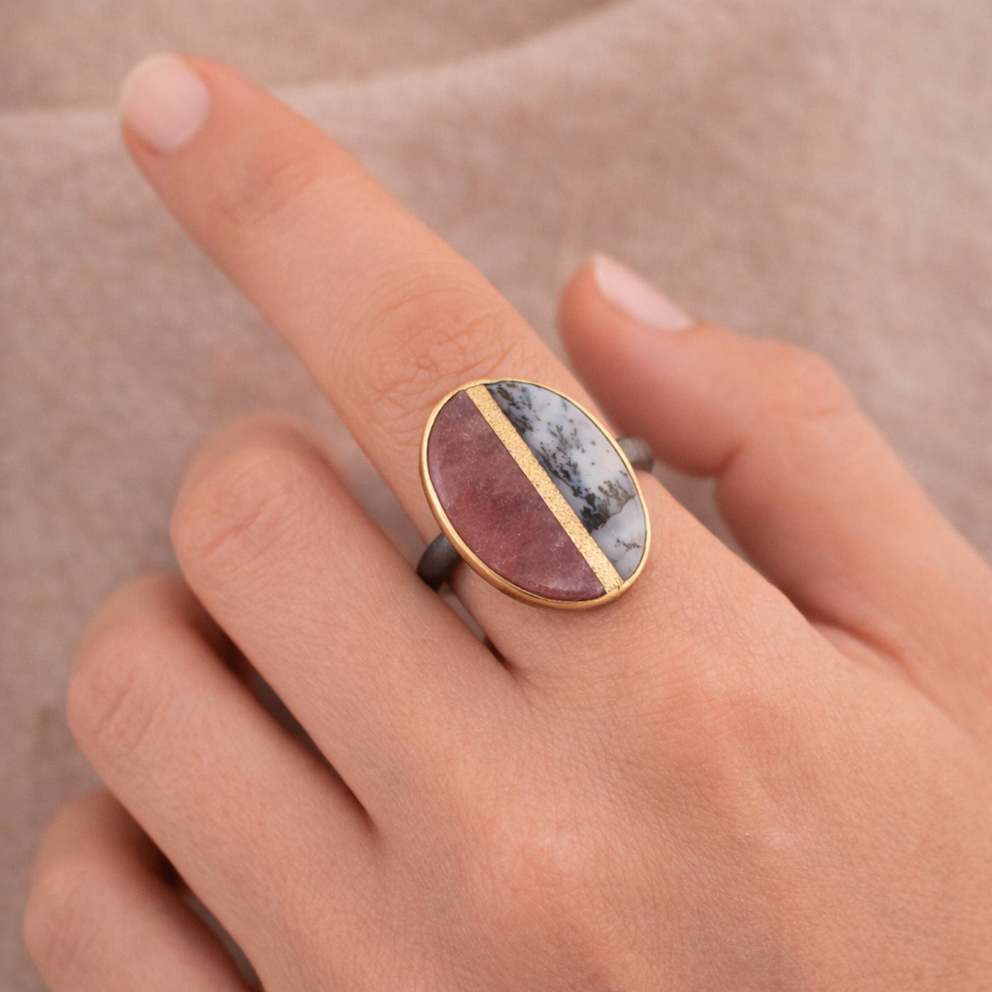 Raspberry Quartz & Dendritic Agate Inlay Ring