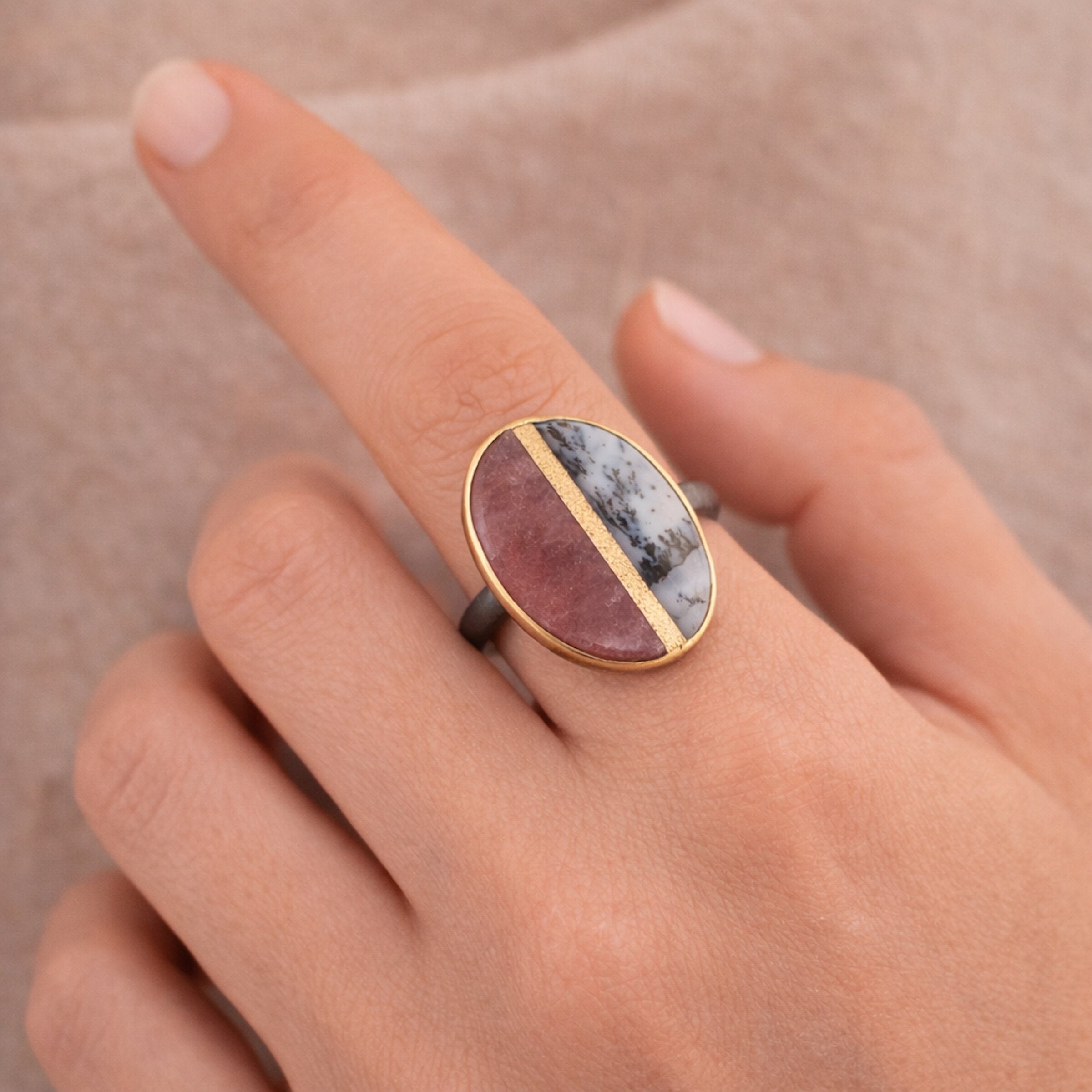 Raspberry Quartz & Dendritic Agate Inlay Ring