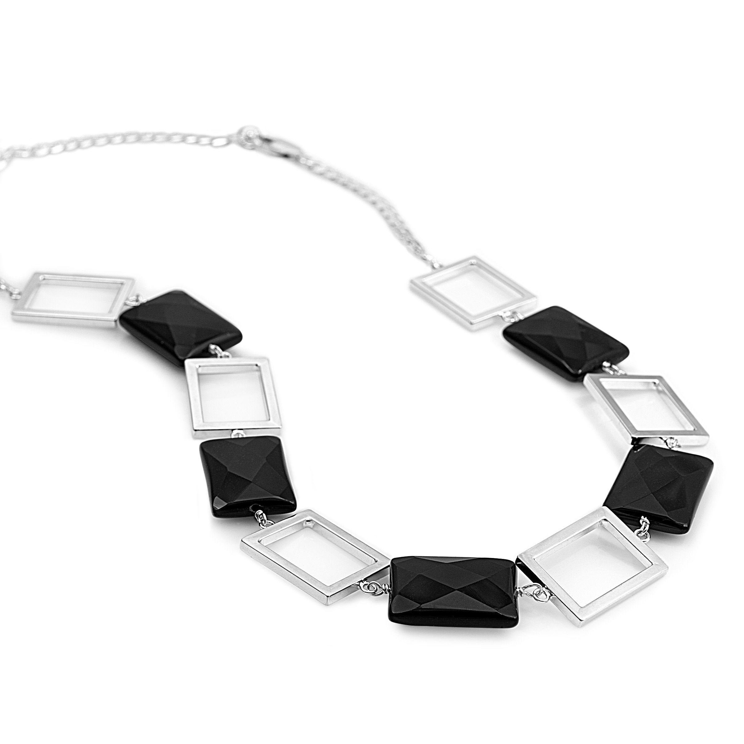 Silver Square &  Black Onyx Collar Necklace