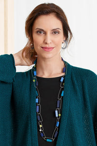 gray, shown with the Blue Rectangles Necklace by Arden Bardol