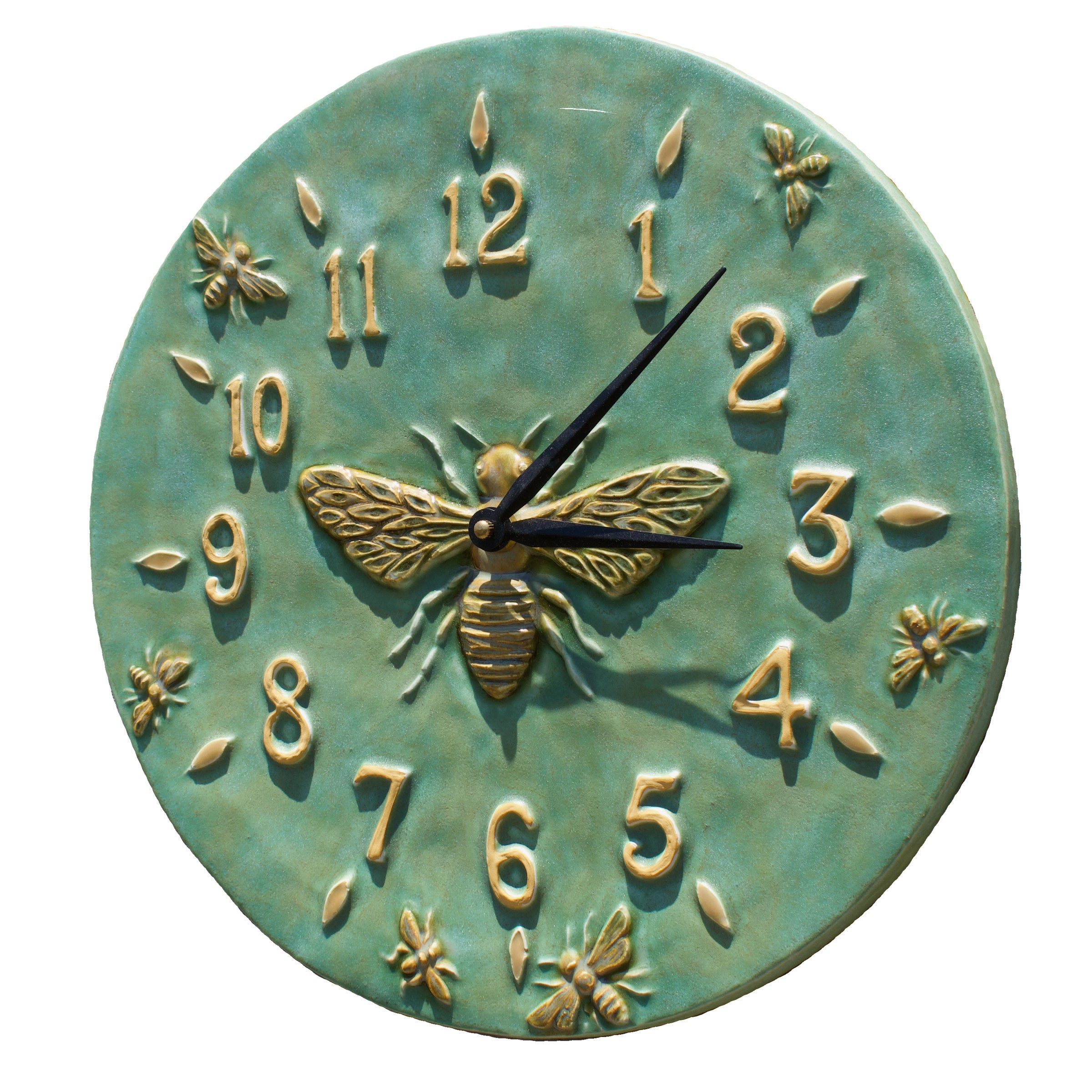 Honeybee Ceramic Wall Clock in Patina Green & Amber