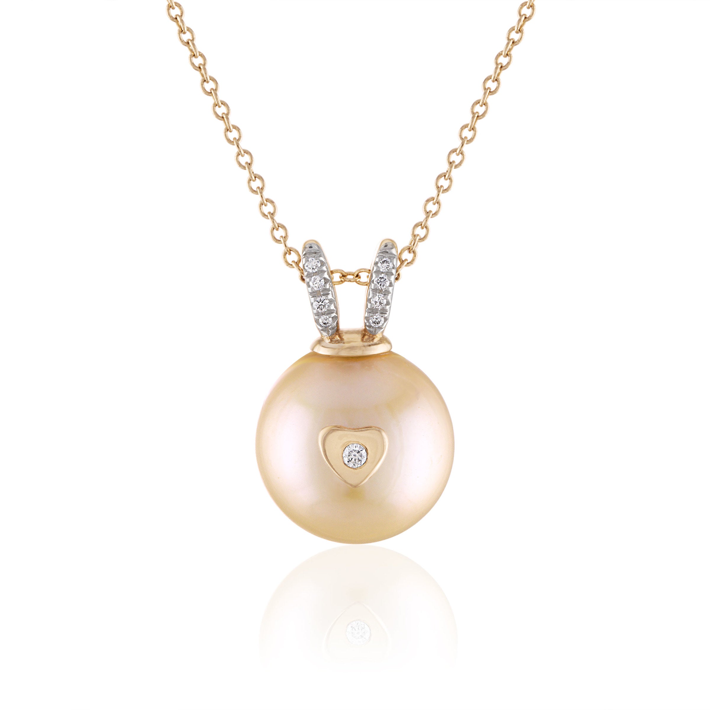 14k Yellow Gold Pink Akoya Pearl Diamond Heart Nose Queen Rabbit Bunny Necklace