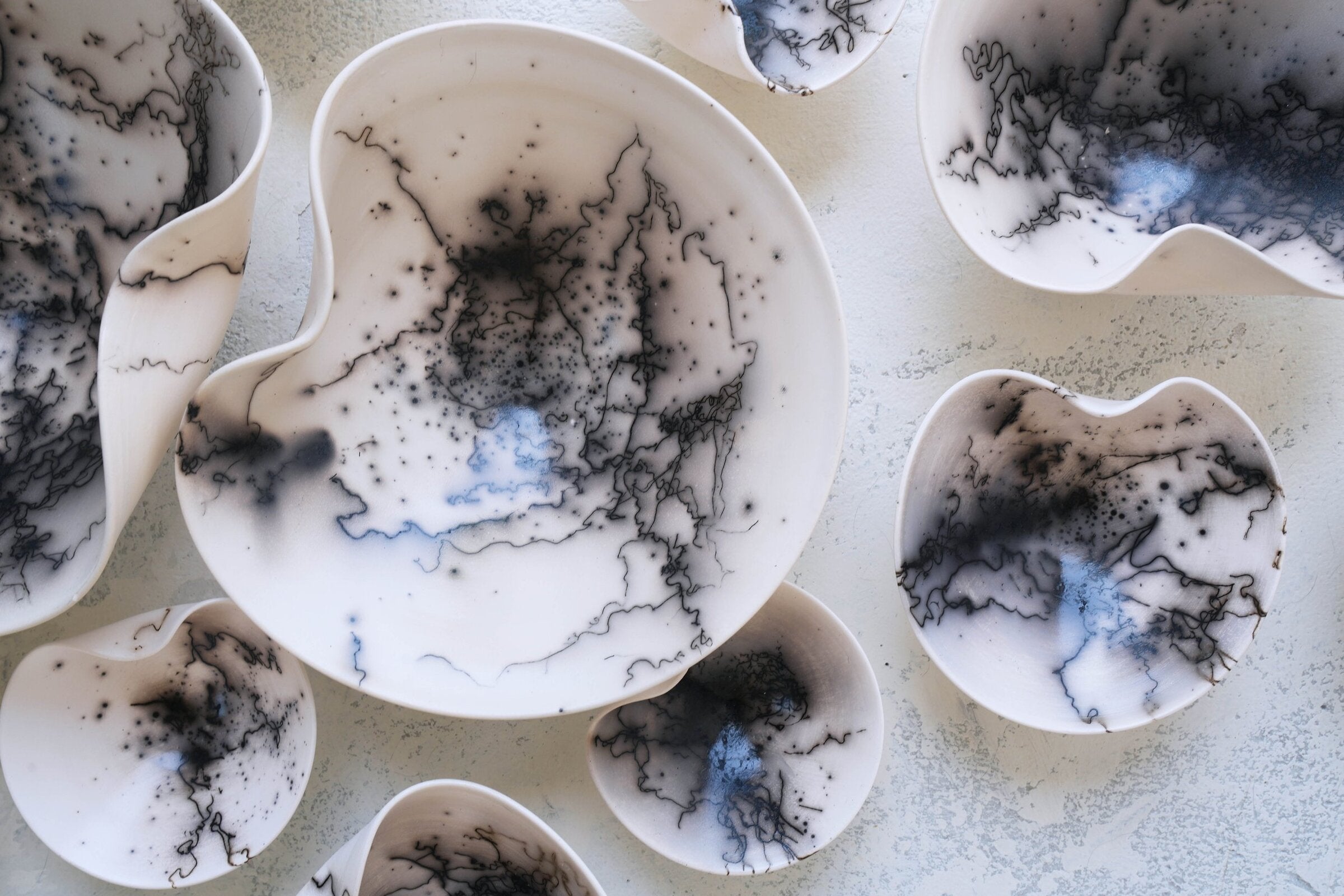 Raku Wall Sculpture Set in Black and White, 16 Piece
