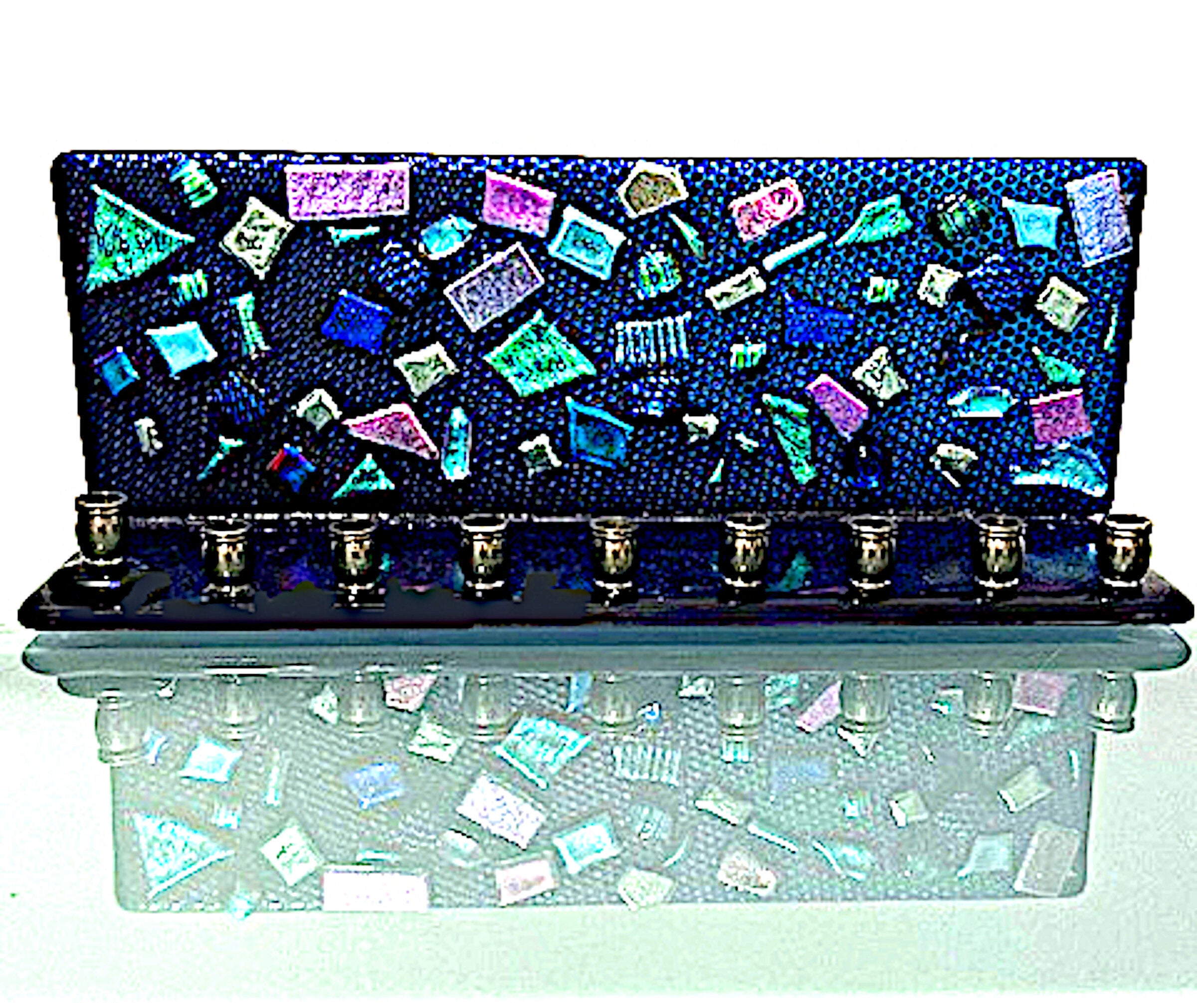 Dichroic Blue Diamond Menorah with Barrel Candle Cups