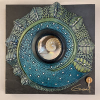 Windows to the Earth - Blues with Green Petals and Nautilus Shell