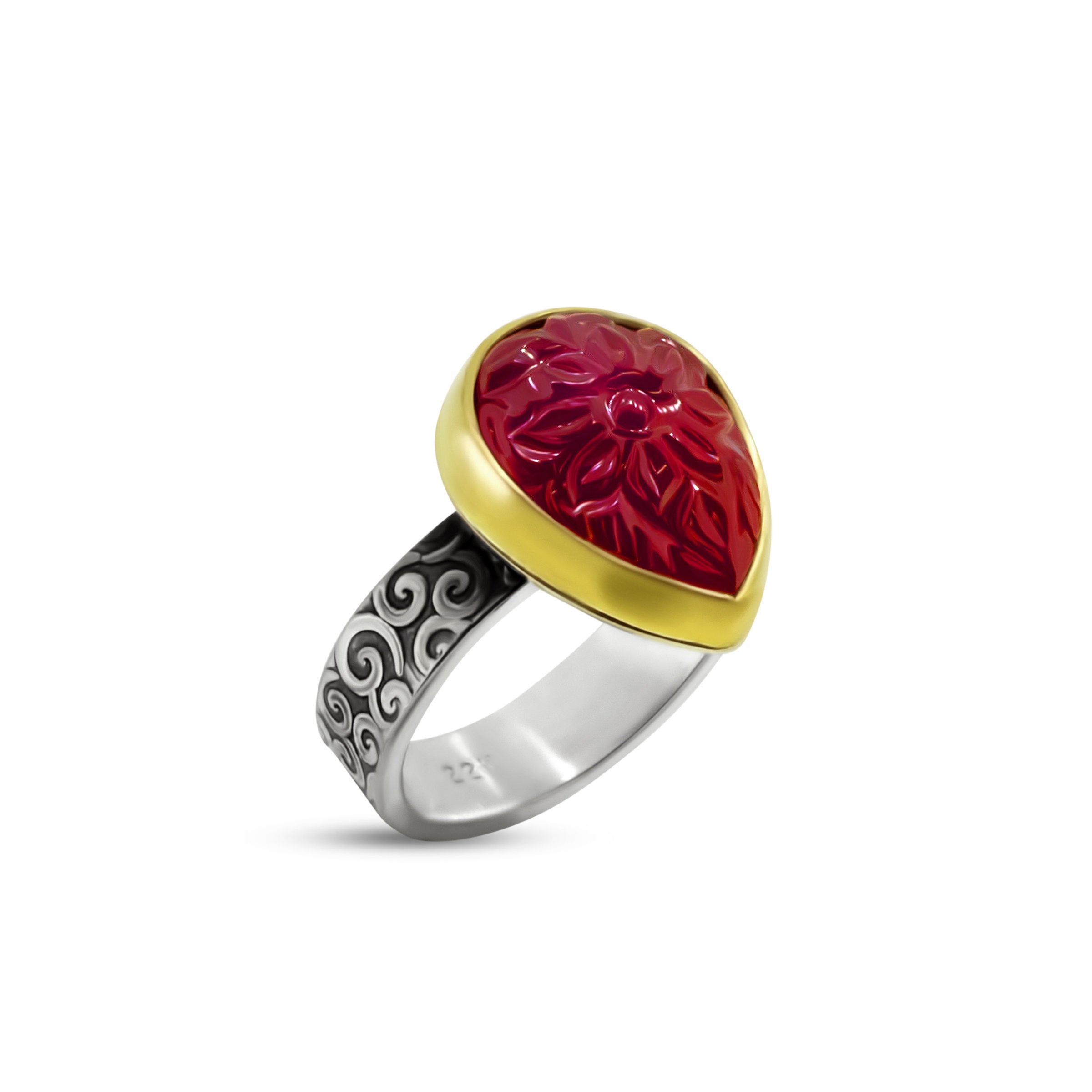 Flowering Vine Carved Ruby Ring