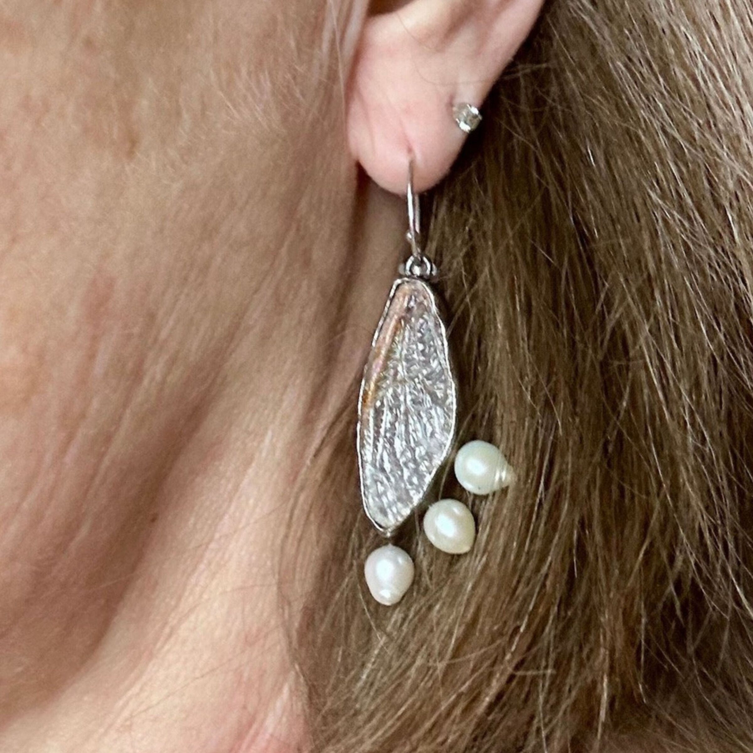 Cicada Wing & Pearl Earrings
