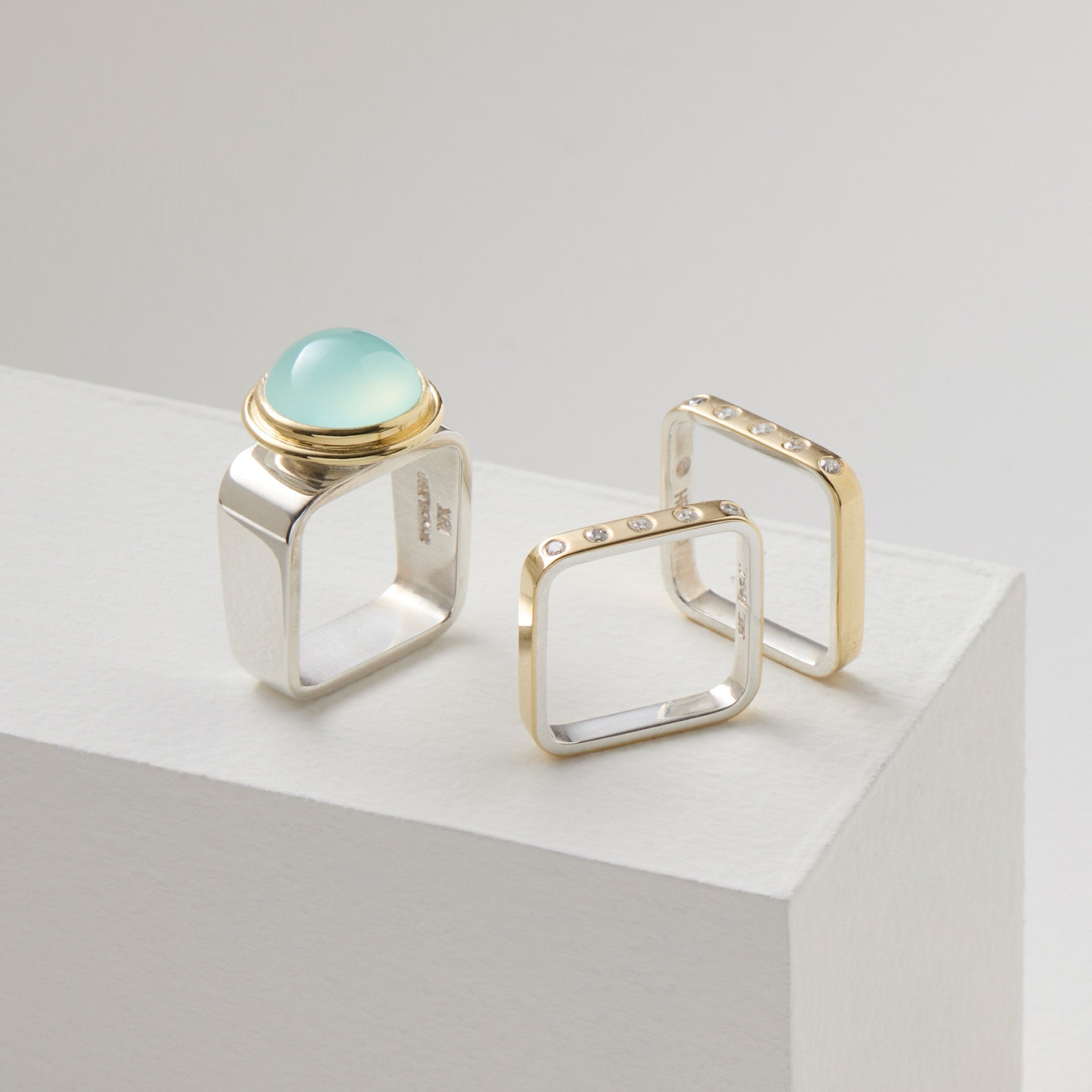 Aqua Chalcedony Square Ring with Guard Rings