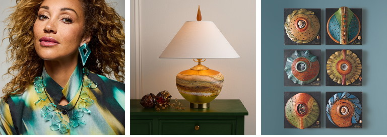 image of three pieces of art – jewelry, lighting, and wall sculpture. 