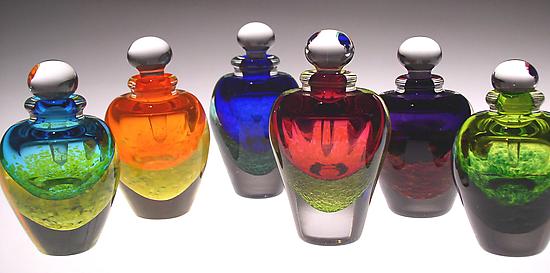 left to right: turquoise, orange, cobalt, ruby, purple, green