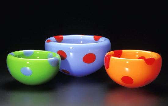 left to right: medium apple green & pale blue, large pale blue & diablo red, medium orange & diablo red