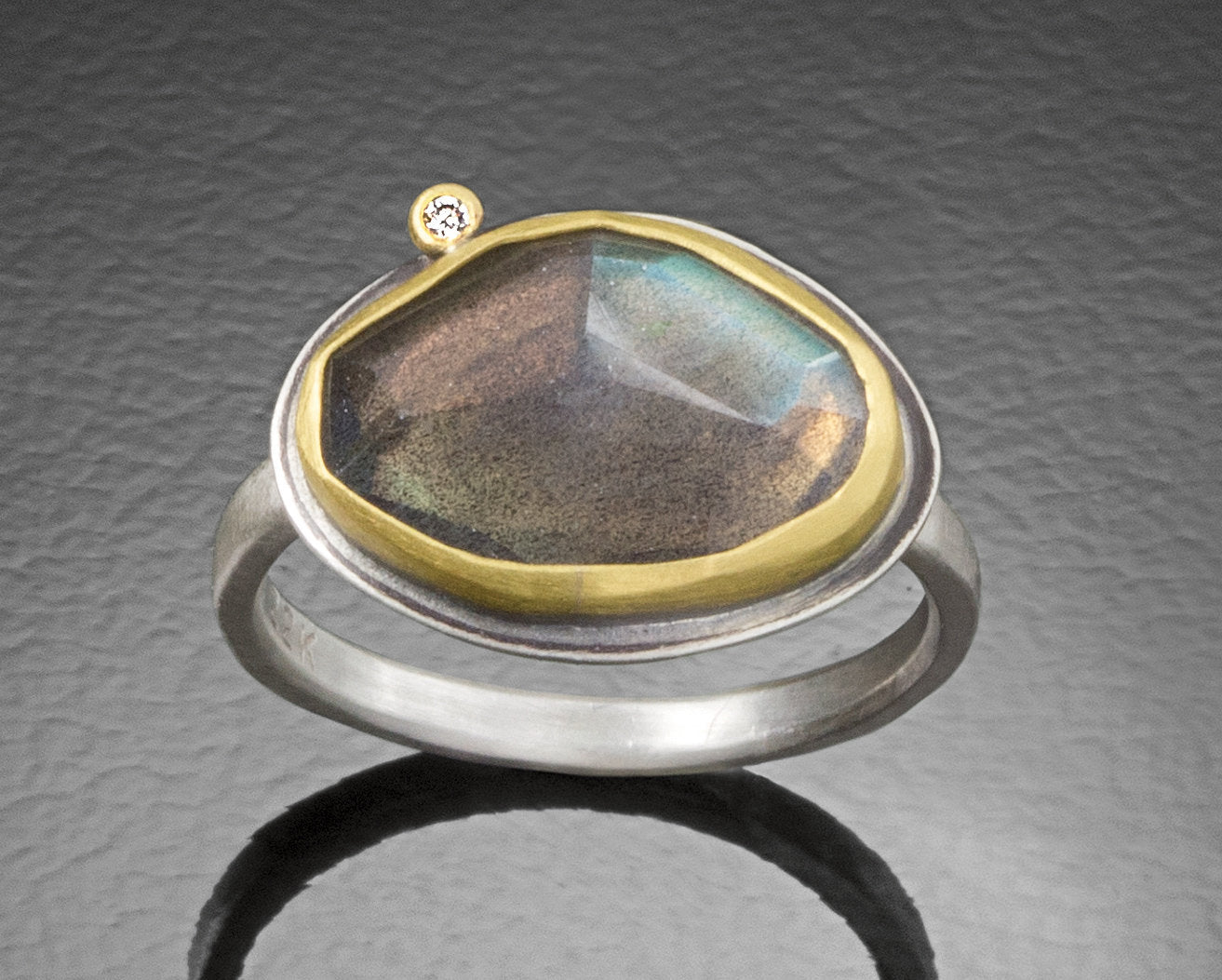 Rose Cut Labradorite Ring with Diamond Dot