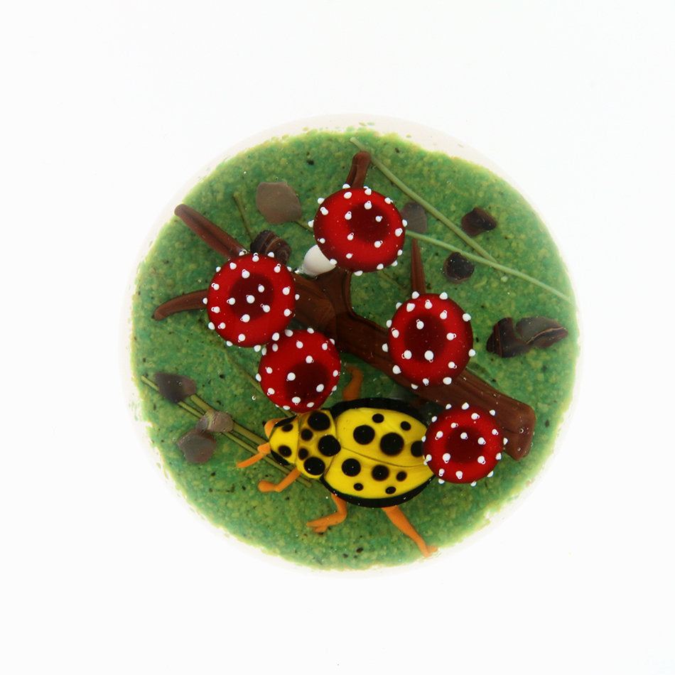 Yellow Ladybug with Fanciful Mushrooms Miniature Paperweight