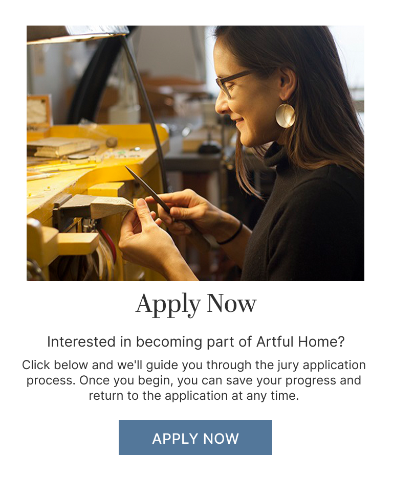 Woman creating artwork with text inviting artists to apply now to become part of Artful Home.