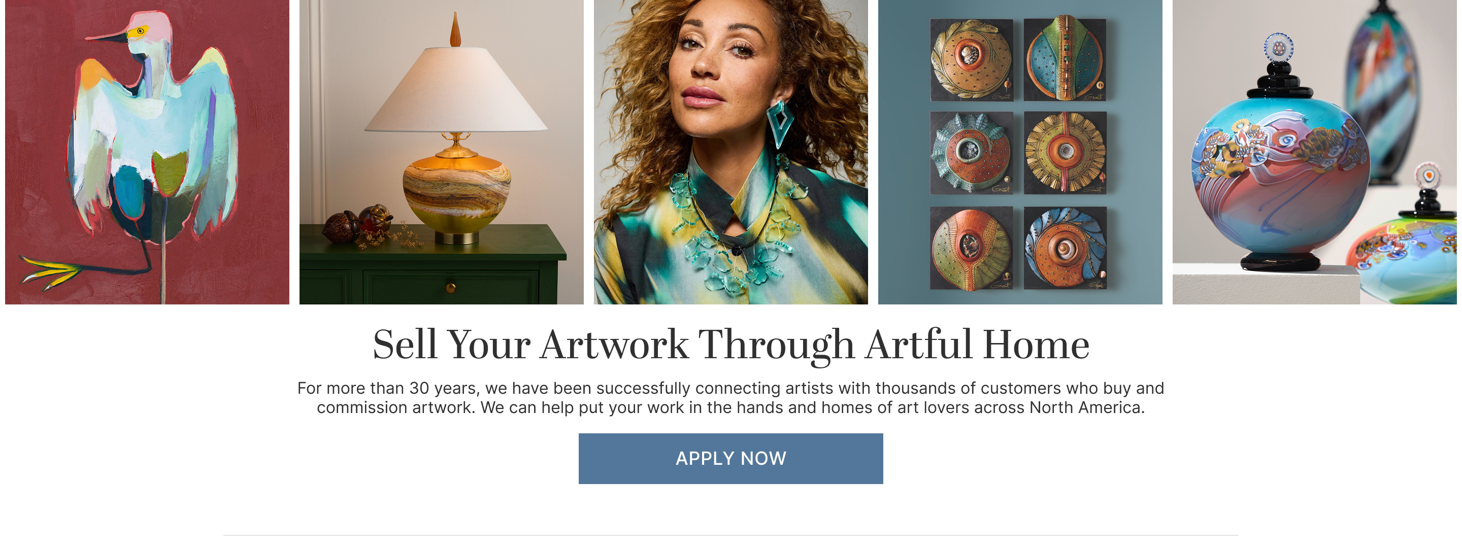 'Sell Your Artwork Through Artful Home. Apply Now.' text with an image of jewelry, a lamp, and wall art.
