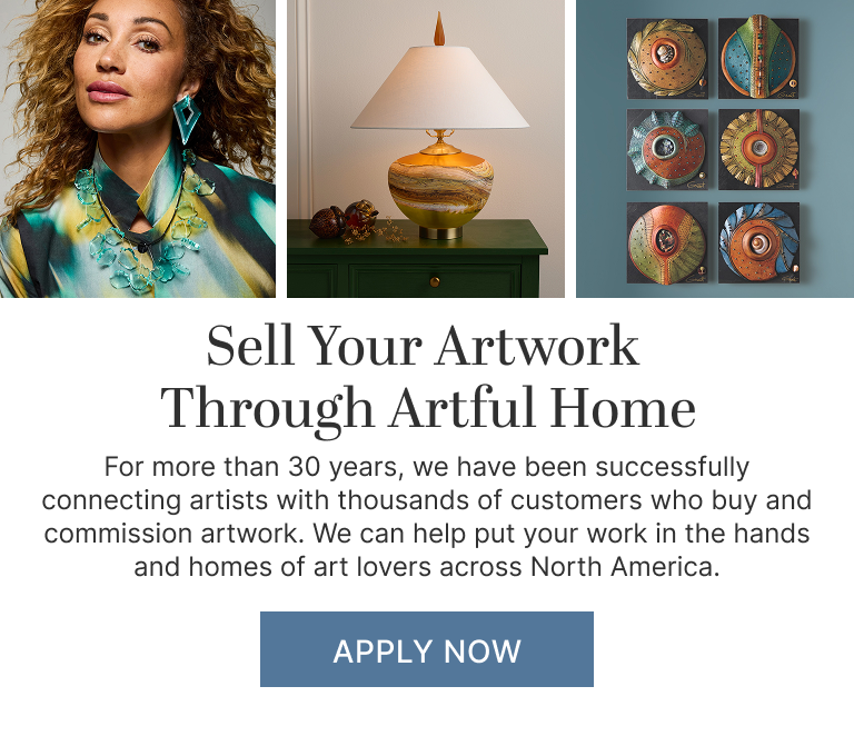'Sell Your Artwork Through Artful Home. Apply Now.' text with an image of jewelry, a lamp, and wall art.