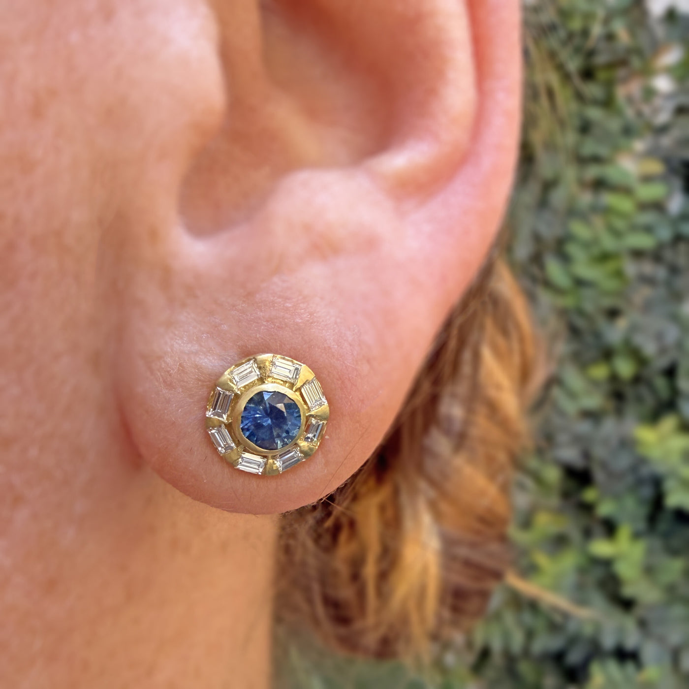 Montana Sapphire & Baguette Diamond Halo Earrings