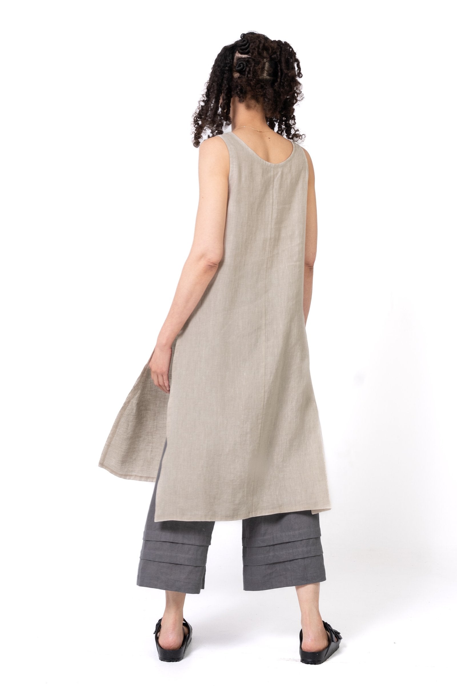 tunic dress with side slits Linen High Slit Tunic Dress NERO