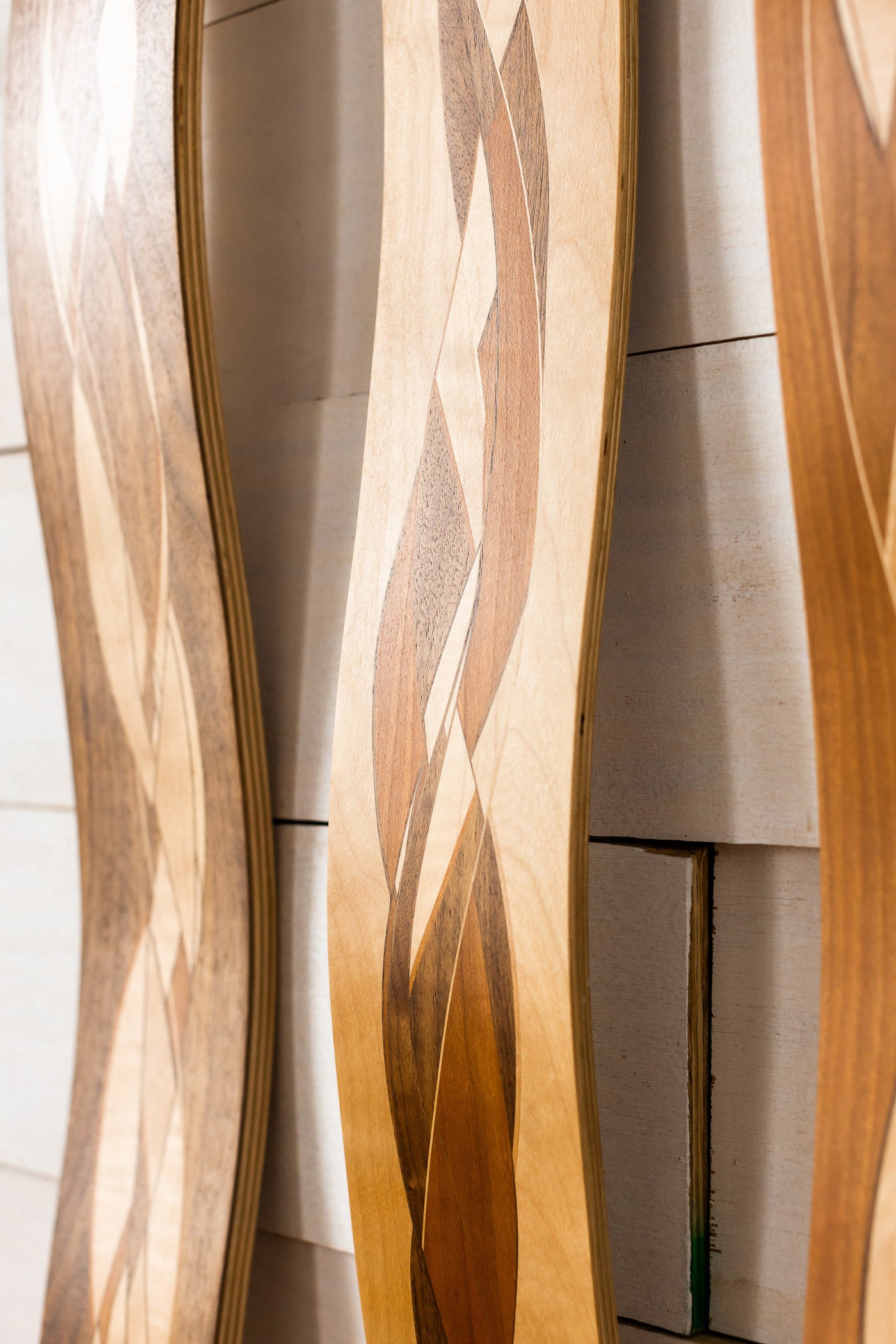 left to right: Walnut edge, flame birch edge, Cherry edge