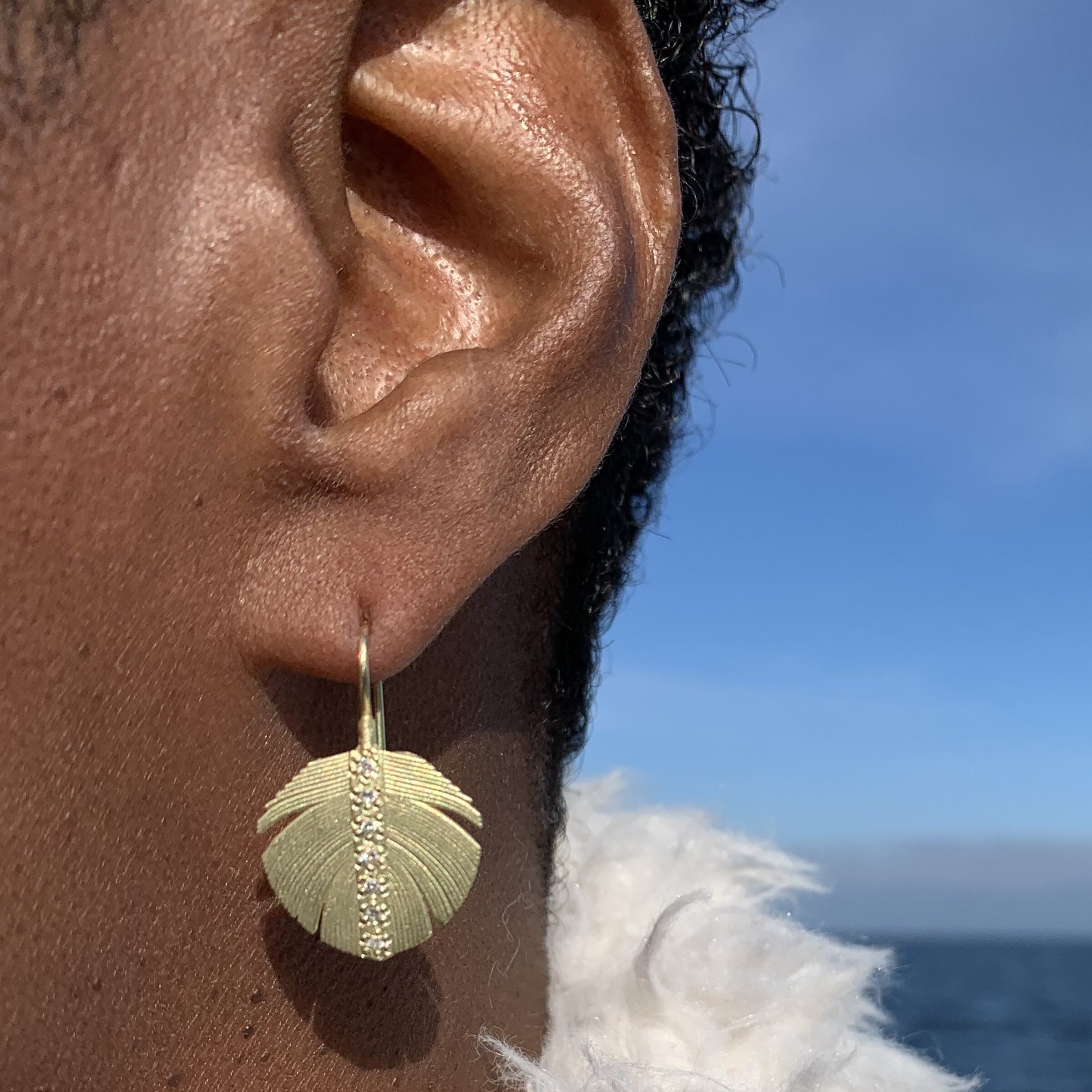 Wide Gold & Diamond Feather Earrings