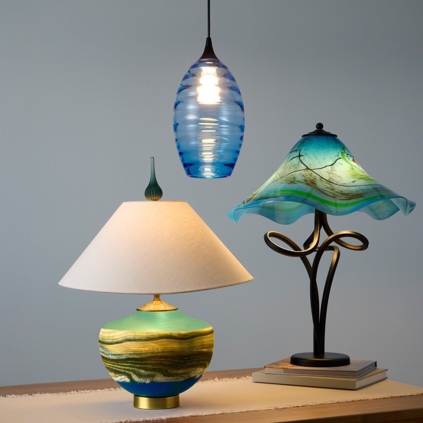 Satin Strata Table Lamp in Sage and Cobalt