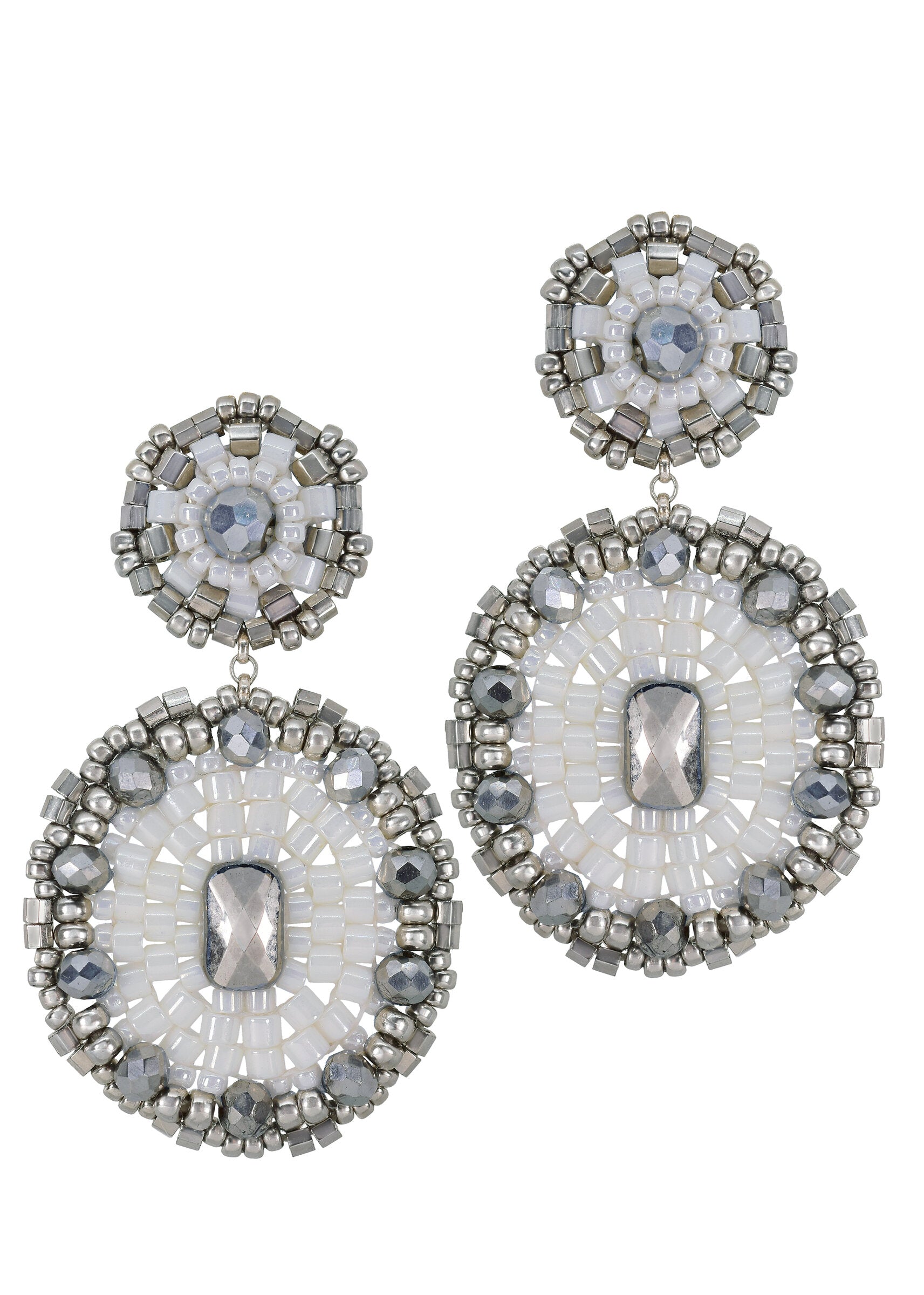 Silver & White Oval Earrings