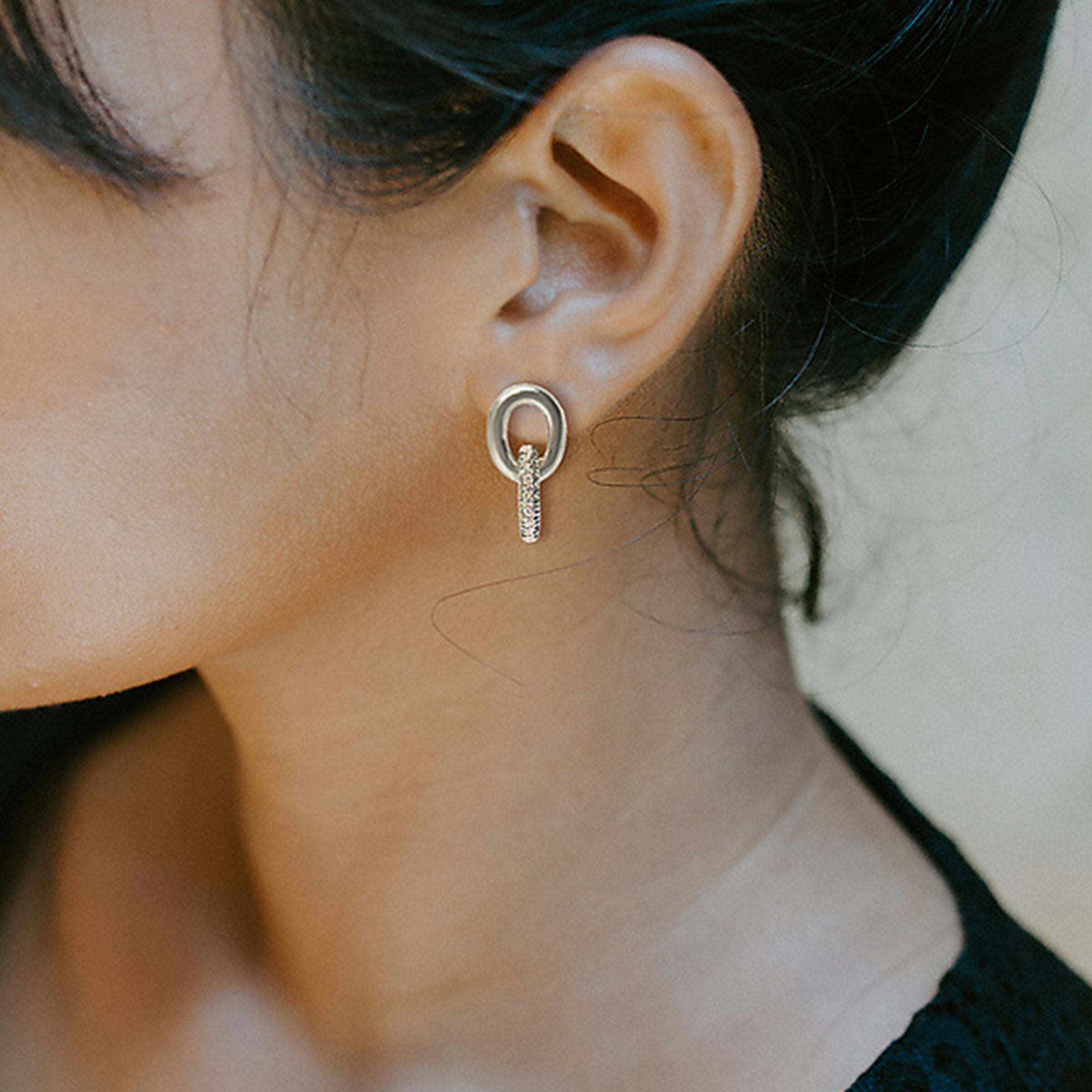 Oval Link Silver and Diamond Pave Earrings