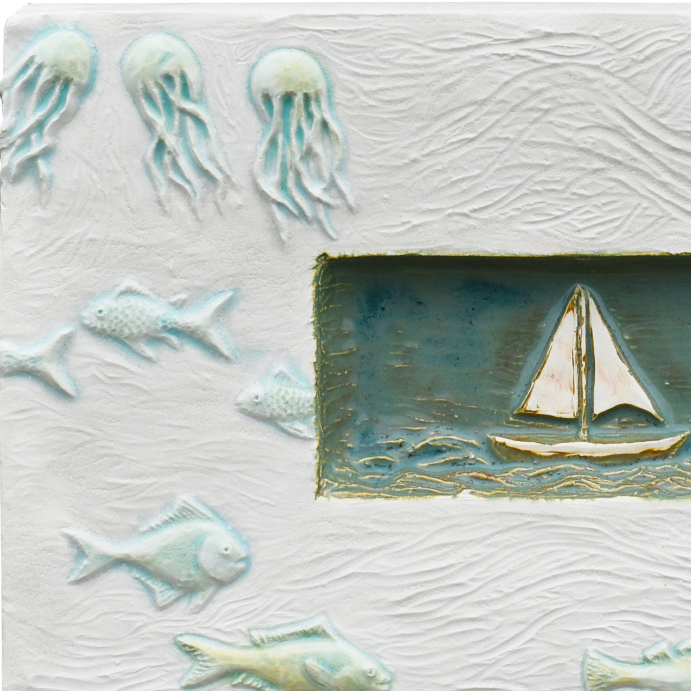 Sail Boat Marine Tile in White Stone and Antique Teal