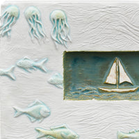 Sail Boat Marine Tile in White Stone and Antique Teal