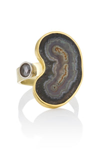 Agate Slice and Gray Diamond Gold Ring