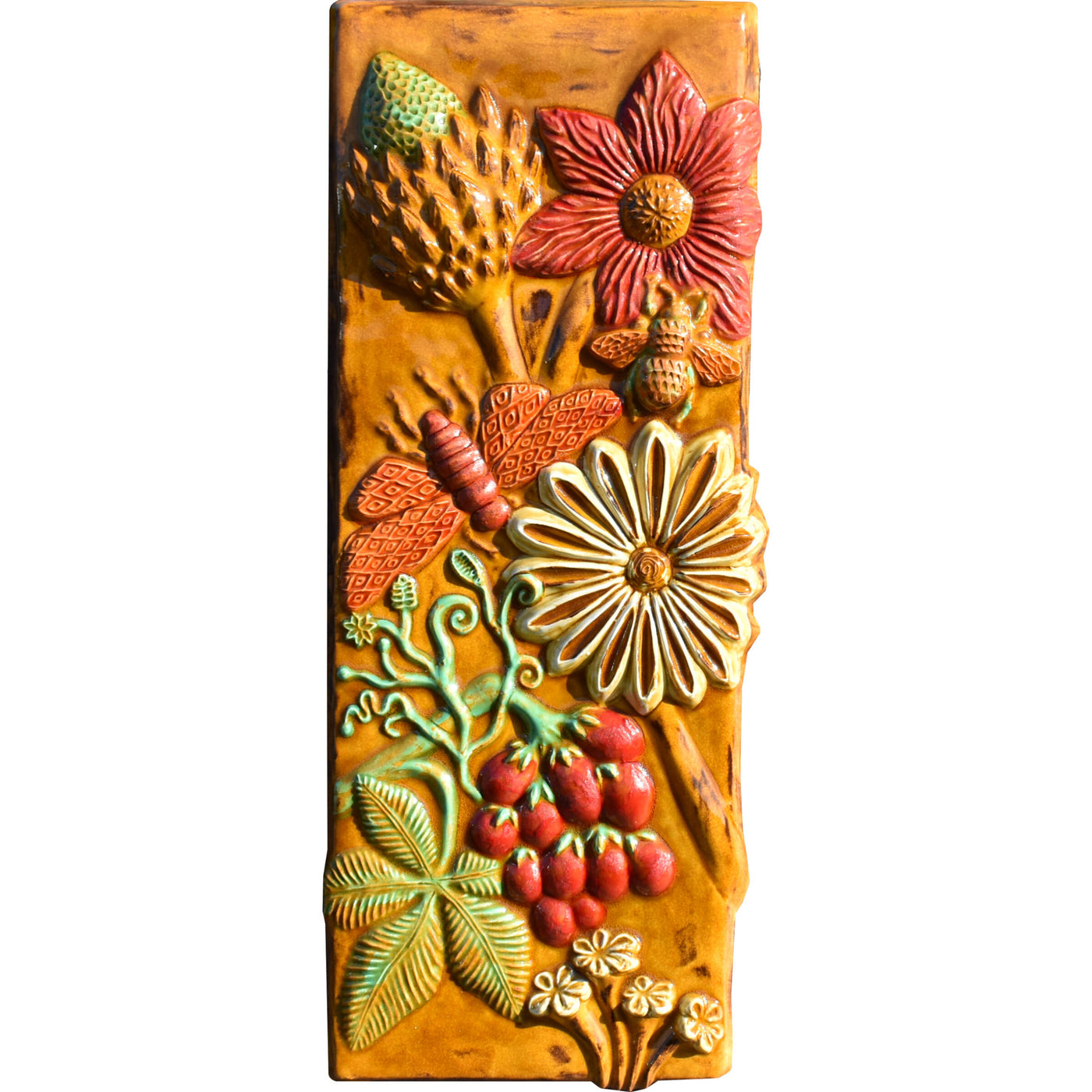 Botanical Tall Tile in Yellow, Red & Green Glazes