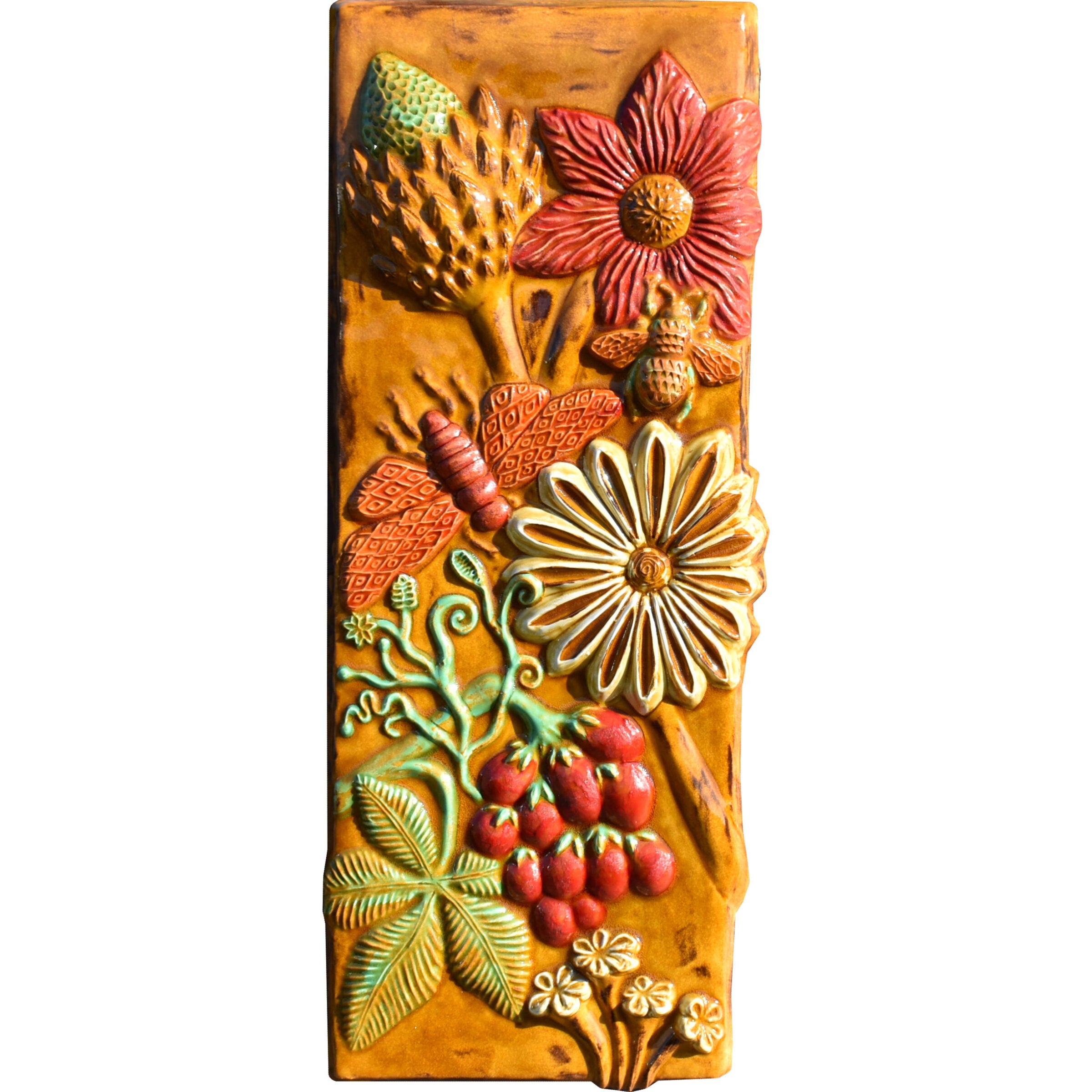 Botanical Tall Tile in Yellow, Red & Green Glazes