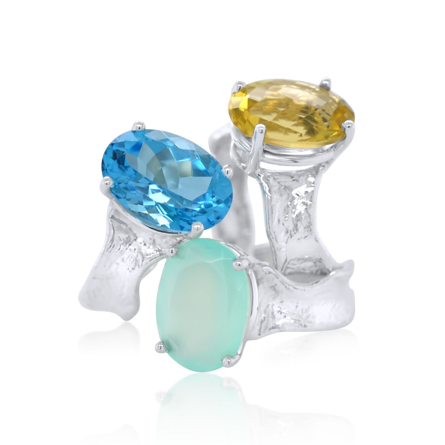 Swiss Blue Topaz (Left), Peru Chalcedony (Center) and Lemon Quartz (right)